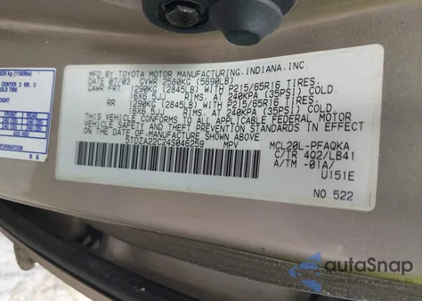 2004 Toyota Sienna Xle из США, поврежденный, VIN 5TDZA22C24S046259